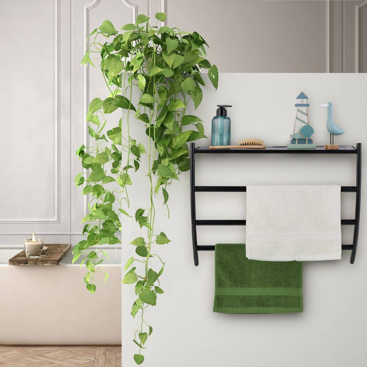 Suport prosoape de perete cu raft, negru, otel, 44 x 56,5 x 23 cm - imagine 2