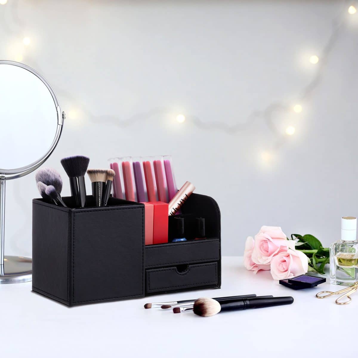 Organizator de birou, 3 compartimente si un sertar, piele ecologica, 12 x 22,5 x 11 cm - imagine 5