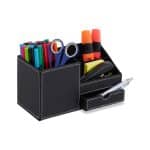 Organizator de birou, 4 compartimente si un sertar, piele ecologica, negru