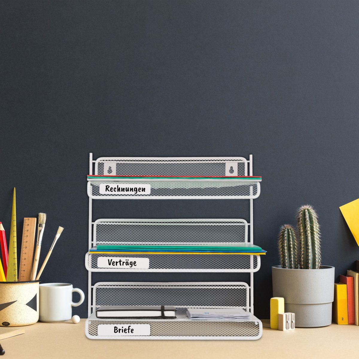 Organizator metalic, de birou/perete, 3 compartimente, alb, 32 x 33 x 24,5 cm - imagine 2