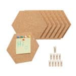 Set de 14 panouri hexagonale din plută, cu pioneze si cleme din lemn, Relaxdays