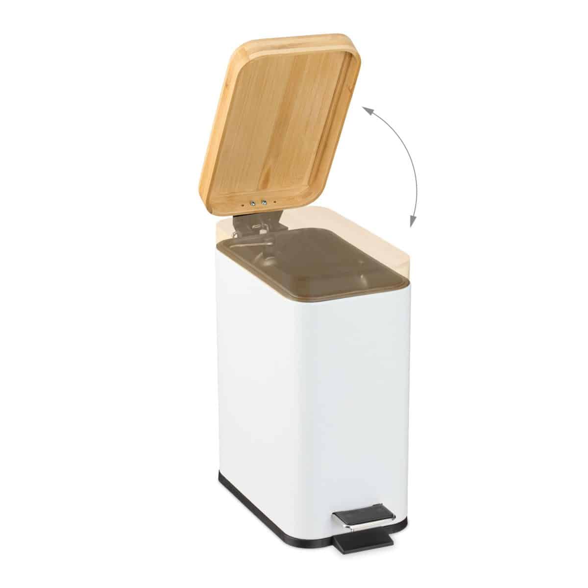 Cos de gunoi cu pedala, 5 L, capac bambus, alb, fier - imagine 2