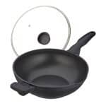 Tigaie wok cu capac, din aluminiu/sticla/plastic, neagra, 15 x 57,5 ​​x 31,5 cm