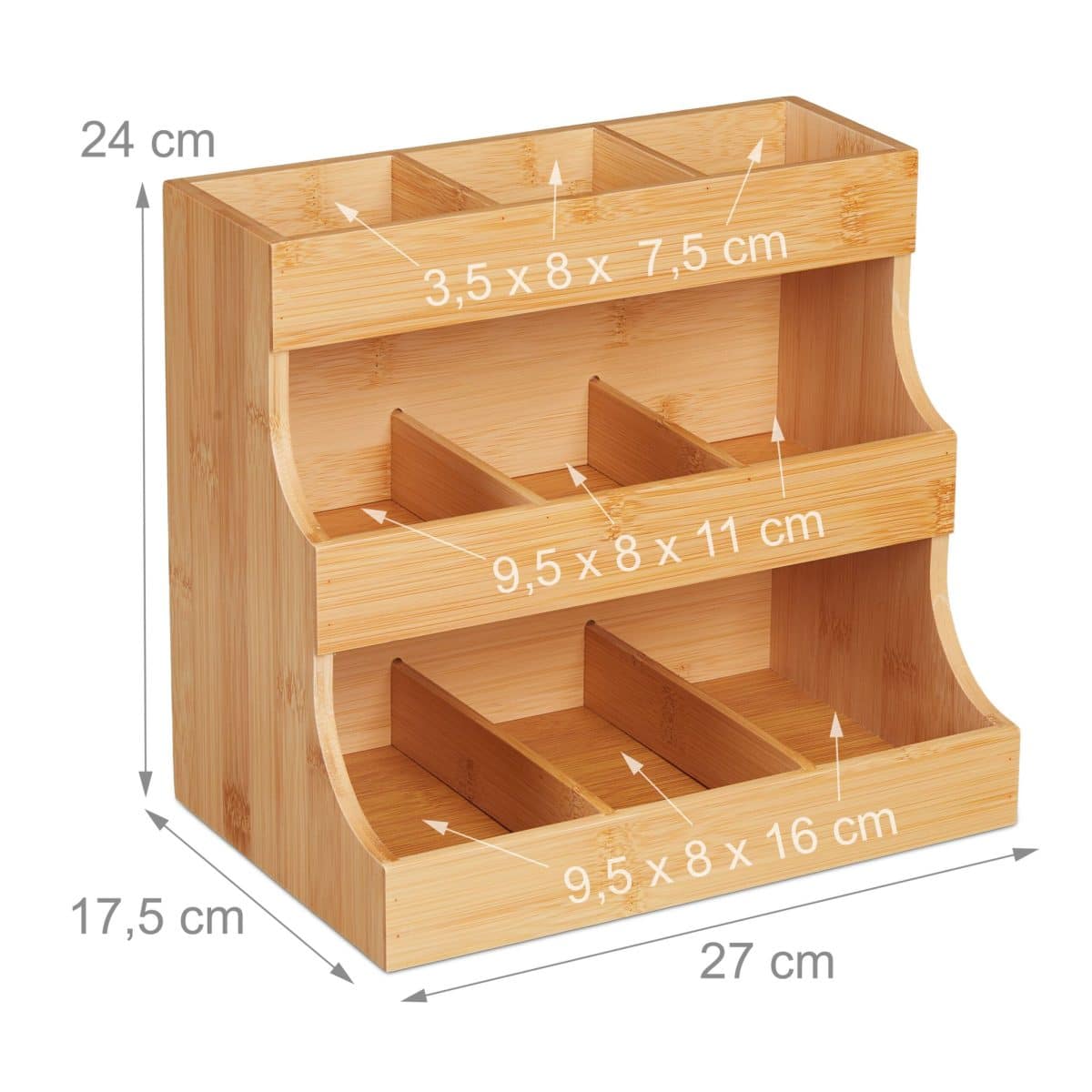 Organizator pentru cafea si ceai, din bambus, 9 compartimente, natur, 24 x 27 x 17,5 cm - imagine 4
