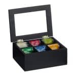 Cutie cu 6 compartimente pentru plicurile de ceai, din bambus, negru, 9 x 21,5 x 16 cm