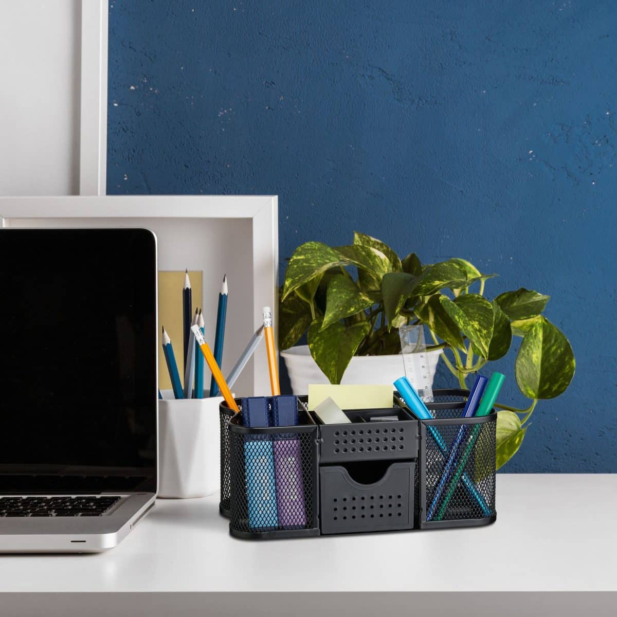 Organizator de birou, 6 compartimente si un sertar, negru, 10 x 23,5 x 11,5 cm - imagine 2