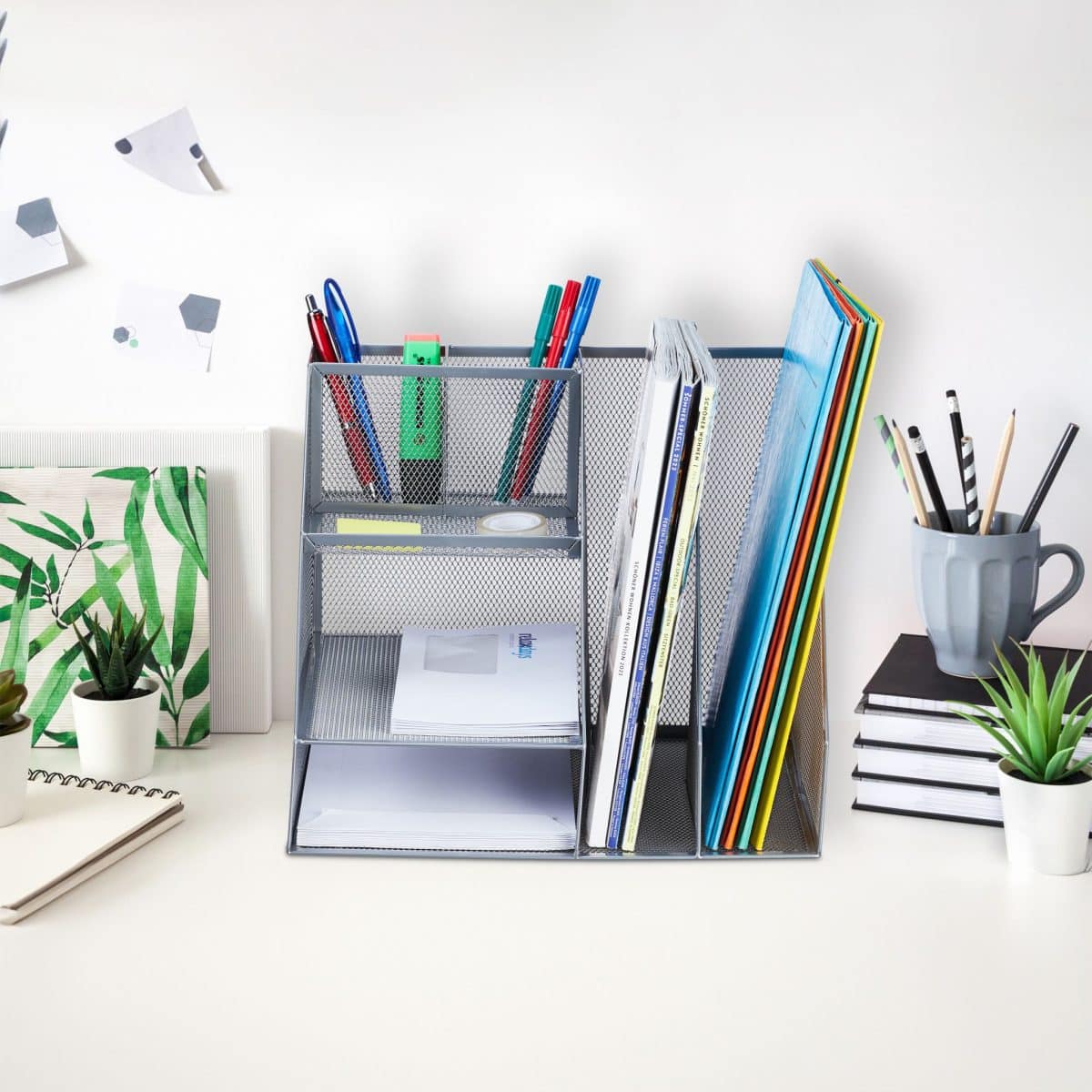 Set organizatoare de birou, 7 compartimente, gri, 26 x 31 x 25,5 cm, Relaxdays - imagine 2