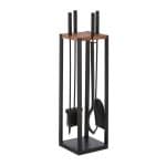 Set ustensile semineu 5 piese cu suport negru, placa lemn masiv, cleste, carlig, matura, lopata – design modern