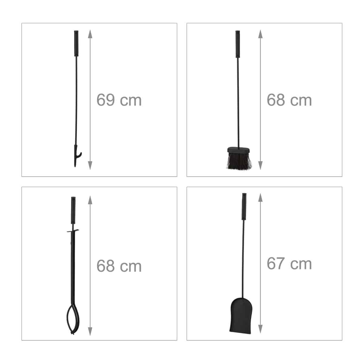 Set ustensile semineu 5 piese cu suport negru, placa lemn masiv, cleste, carlig, matura, lopata – design modern - imagine 3