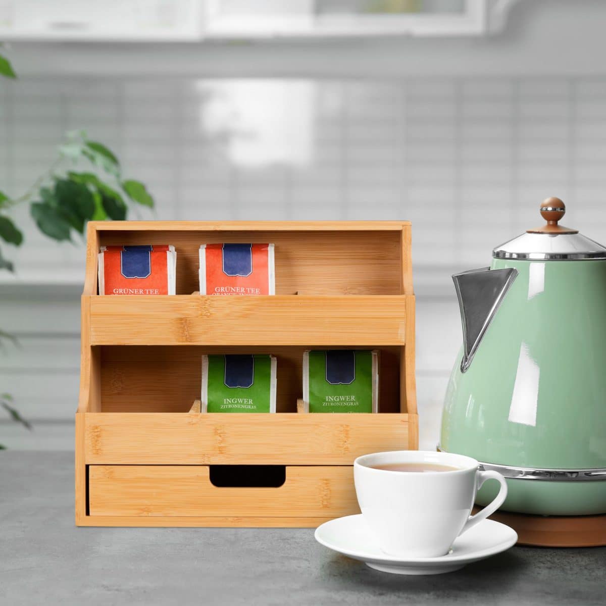 Organizator pentru cafea si ceai, 9 compartimente, bambus, maro, 24 x 27 x 17 cm - imagine 2