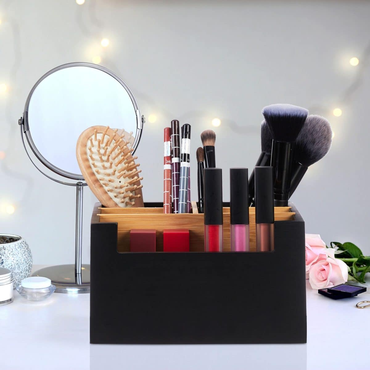 Organizator de birou/cosmetice, 5 compartimente, negru, 9,5 x 18 x 15 cm - imagine 2