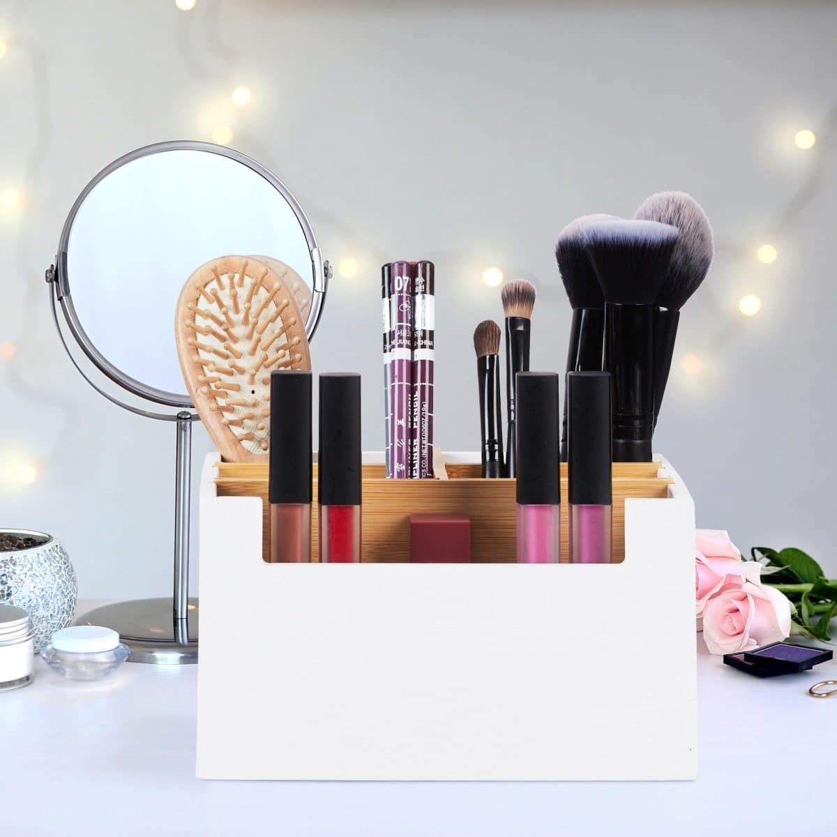 Organizator de birou/cosmetice, 5 compartimente, alb, 9,5 x 18 x 15 cm - imagine 2