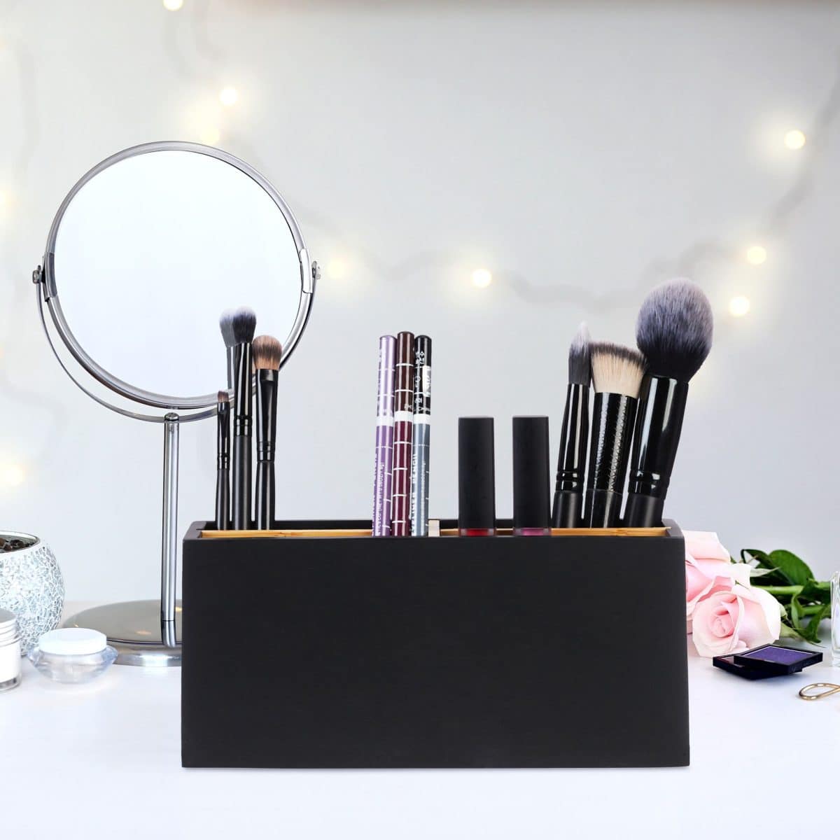 Organizator de birou/cosmetice, 4 compartimente, negru, 8 x 21 x 9 cm - imagine 2