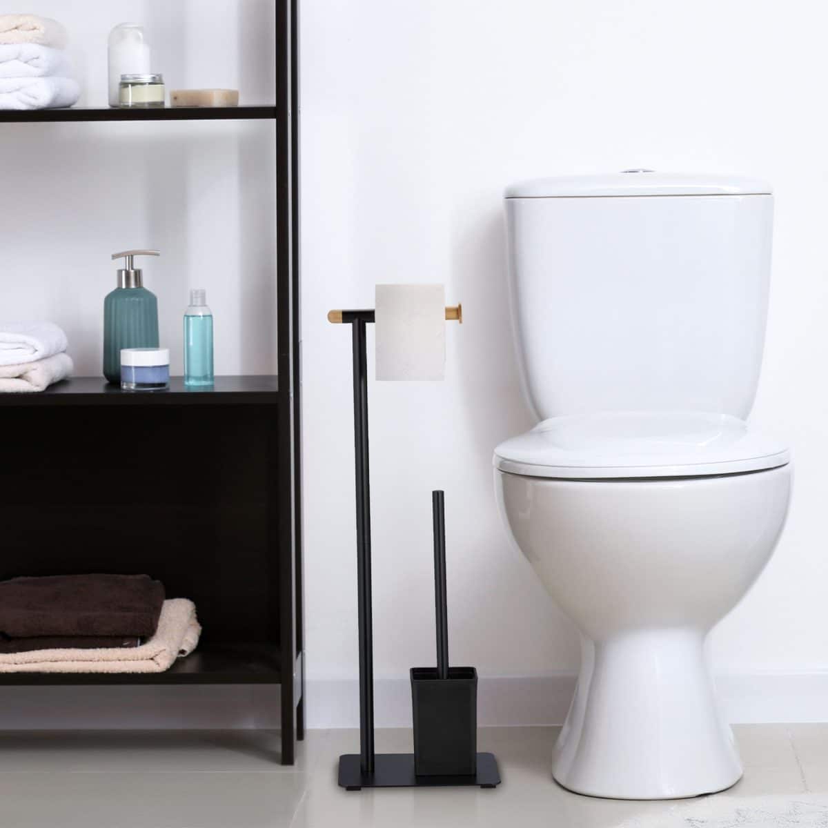 Suport hartie igienica cu perie de toaleta, otel inoxidabil, negru, 64,5 x 22 x 18 cm - imagine 2