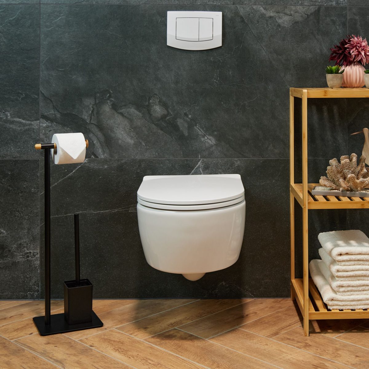 Suport hartie igienica cu perie de toaleta, otel inoxidabil, negru, 64,5 x 22 x 18 cm - imagine 5