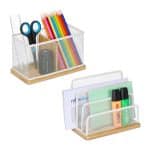 Set 2 organizatoare de birou, din metal si bambus, alb, Relaxdays