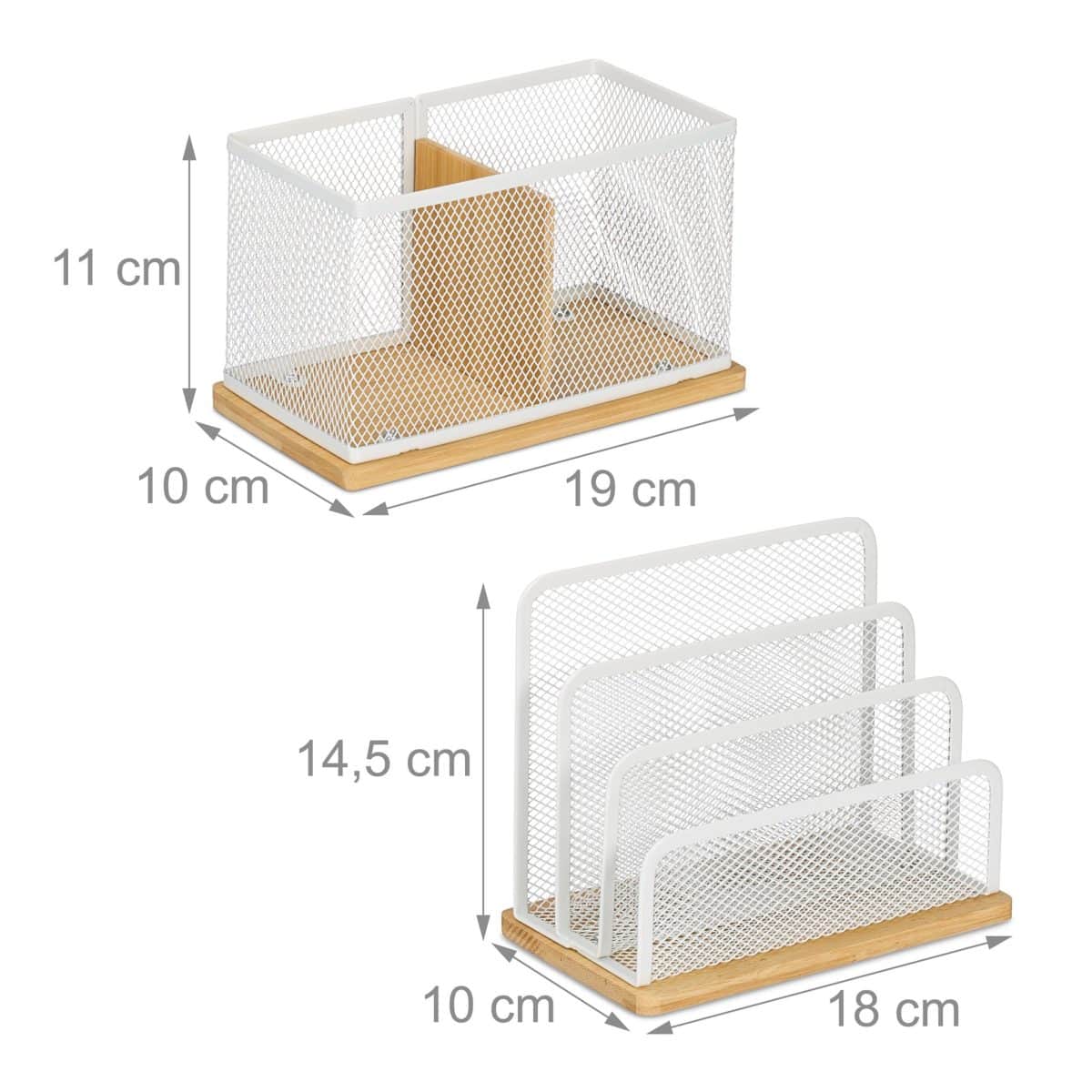 Set 2 organizatoare de birou, din metal si bambus, alb, Relaxdays - imagine 4