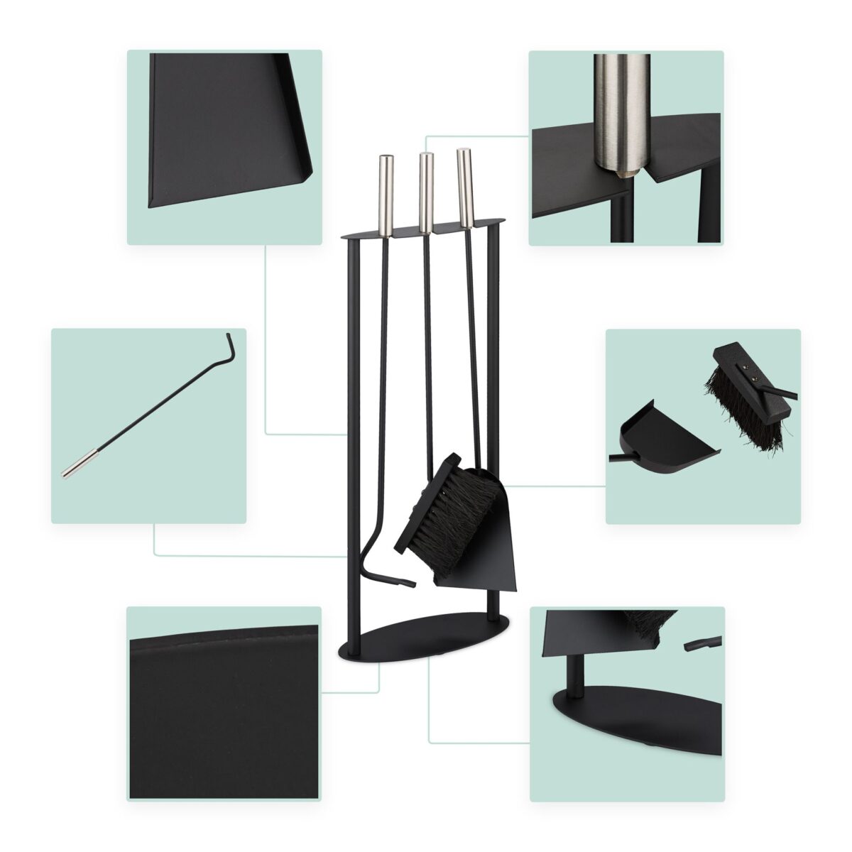 Set 4 ustensile pentru semineu cu suport, negru, manere argintii, otel, Relaxdays - imagine 2