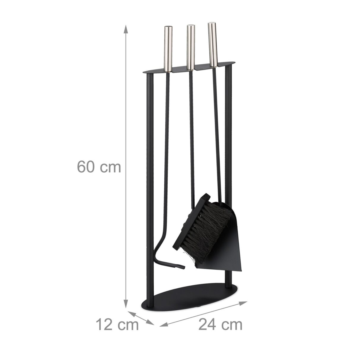 Set 4 ustensile pentru semineu cu suport, negru, manere argintii, otel, Relaxdays - imagine 4