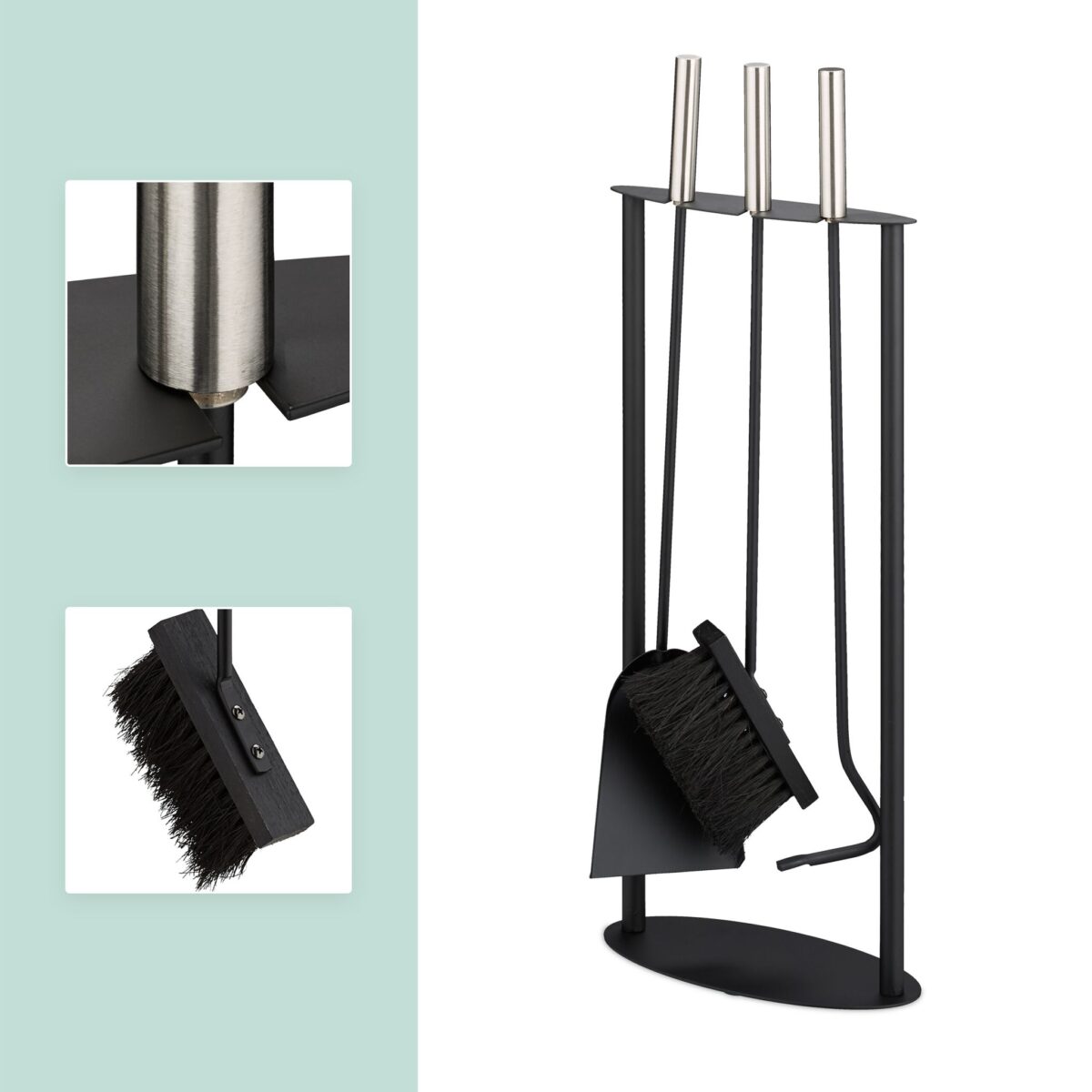 Set 4 ustensile pentru semineu cu suport, negru, manere argintii, otel, Relaxdays - imagine 7