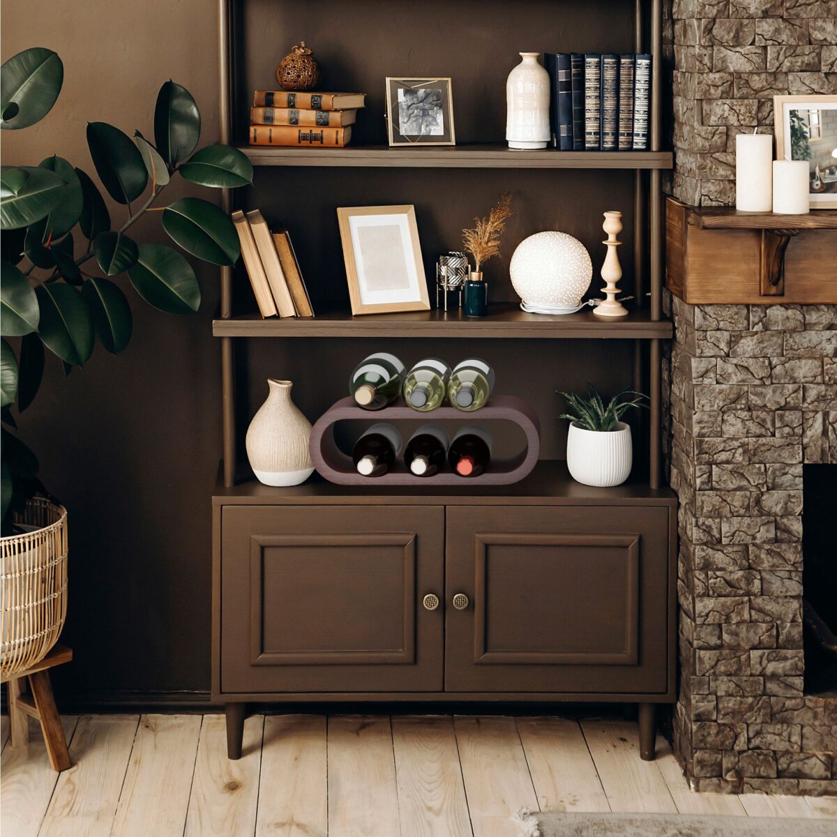 Suport pentru sticle de vin, design modern elegant, pentru 6 sticle, maro, lemn de nuc, Relaxdays - imagine 6