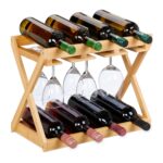 Raft pentru sticle de vin cu suport pentru pahare, bambus, capacitate 8 sticle, Relaxdays