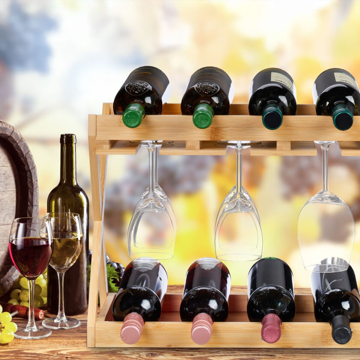Raft pentru sticle de vin cu suport pentru pahare, bambus, capacitate 8 sticle, Relaxdays - imagine 2