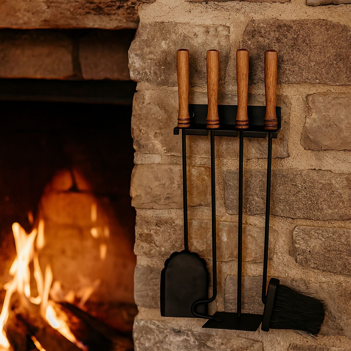 Set accesorii șemineu 5 piese – montaj pe perete, oțel și lemn - imagine 3