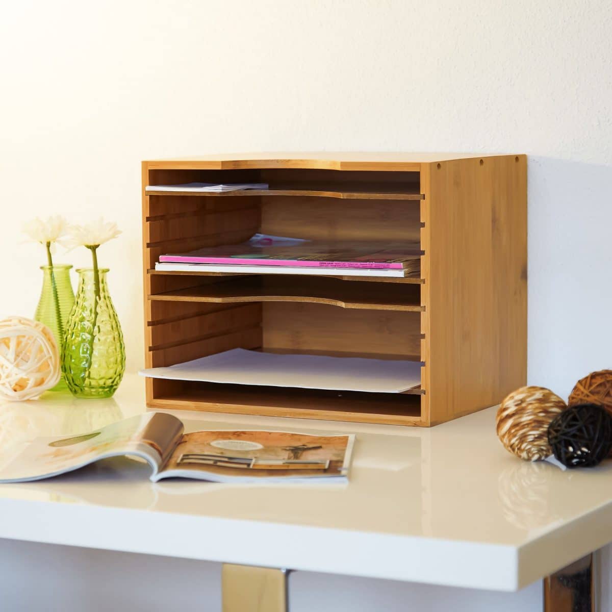 Mini raft, de birou, din bambus, 4 rafturi interschimbabile, 26,5 x 33,5 x 24,5 cm - imagine 2