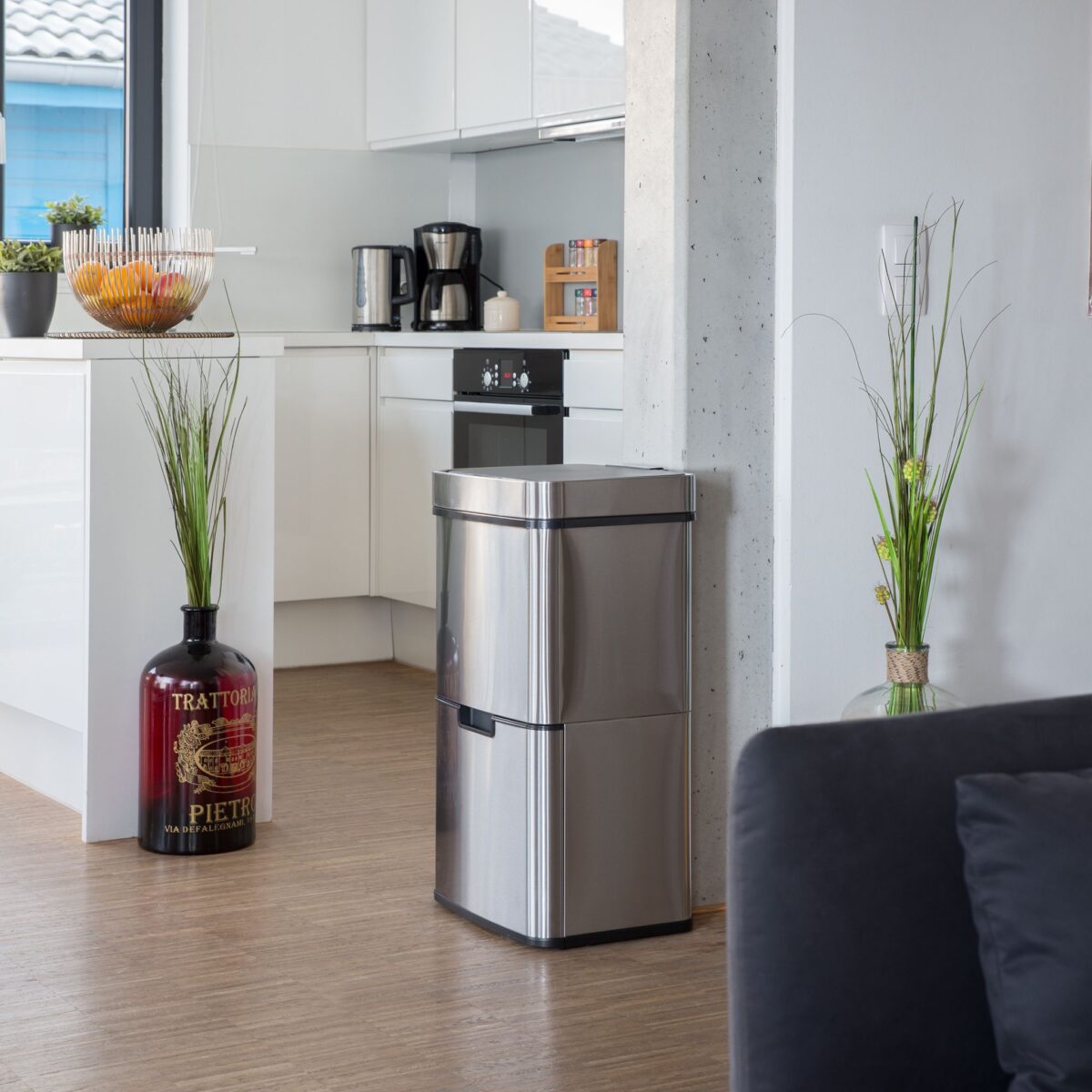 Cos de gunoi 3 in 1, compartiment 37 L cu deschidere/inchidere cu senzor, 2 x 12 L, otel inoxidabil, argintiu - imagine 4