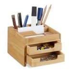 Organizator de birou, compartimentat si cu sertare, din bambus, 9,5 x 12,5 x 15 cm