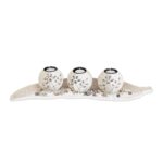 Set decorativ suport pentru 3 lumanari, alb/bej/gri, dimensiuni 9 x 50,5 x 16,5 cm