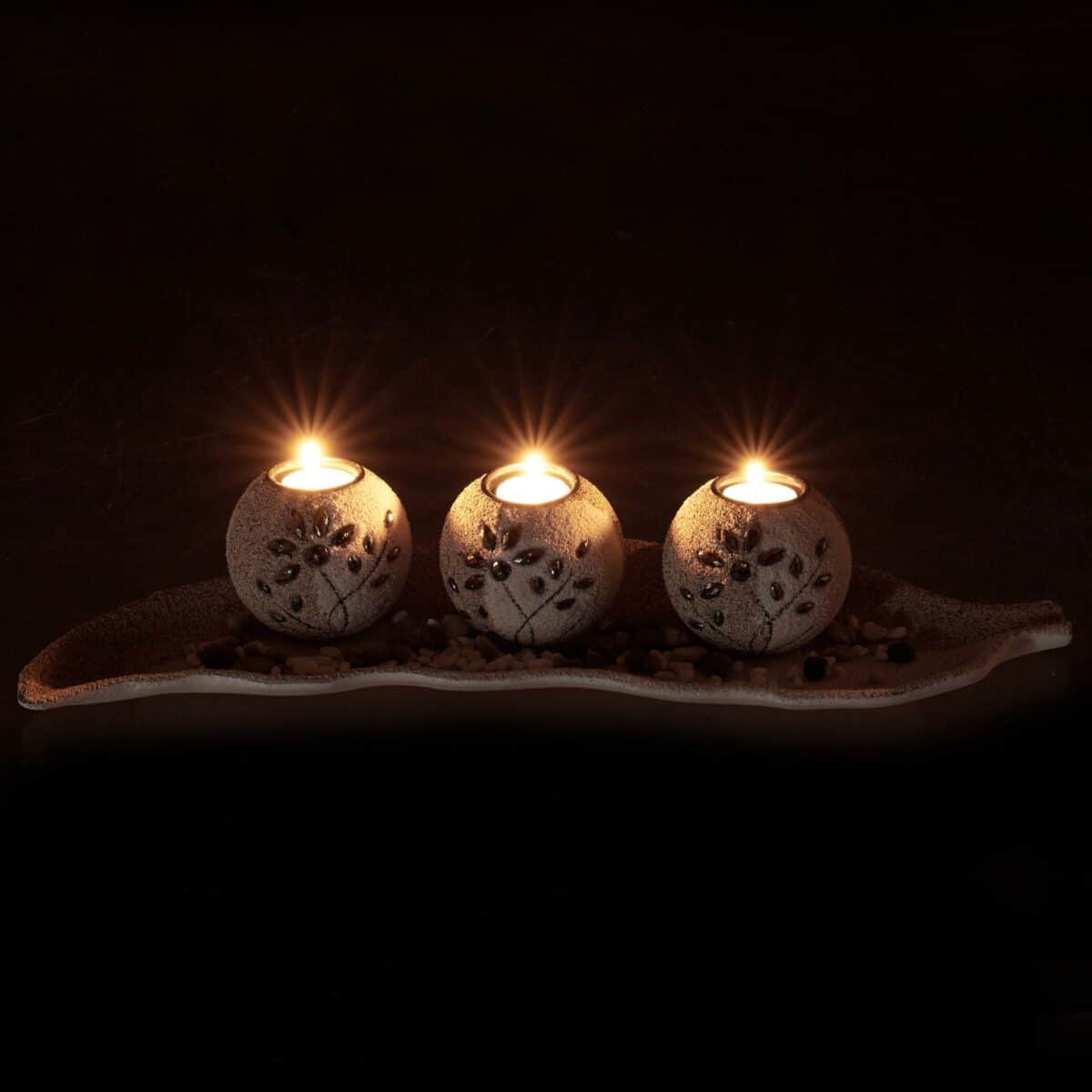 Set decorativ suport pentru 3 lumanari, alb/bej/gri, dimensiuni 9 x 50,5 x 16,5 cm - imagine 2