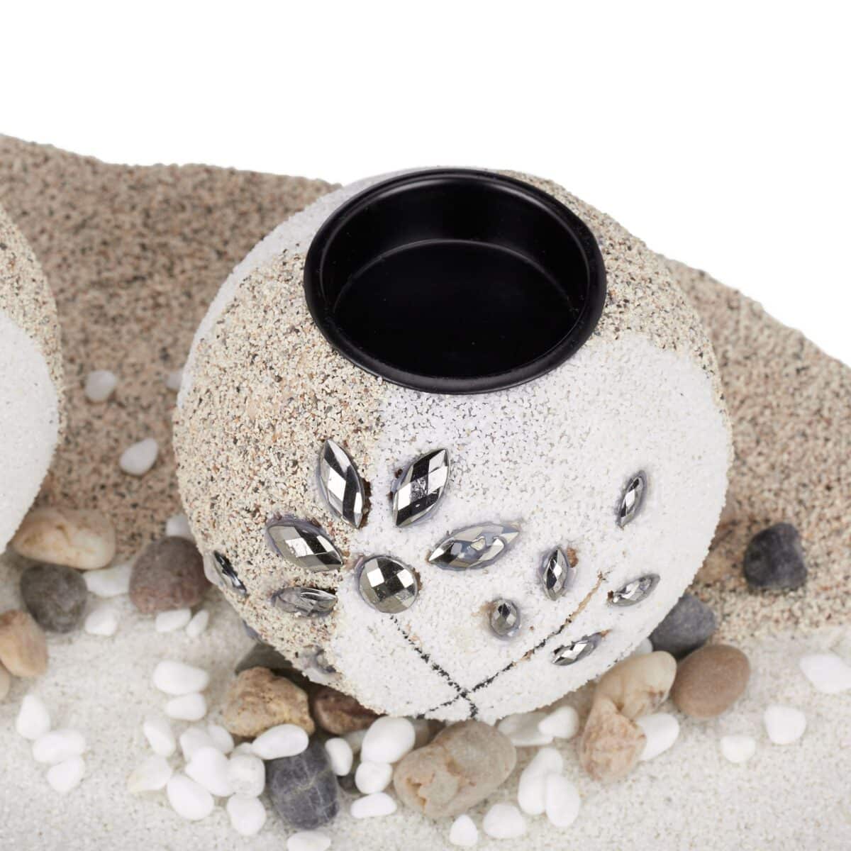 Set decorativ suport pentru 3 lumanari, alb/bej/gri, dimensiuni 9 x 50,5 x 16,5 cm - imagine 3