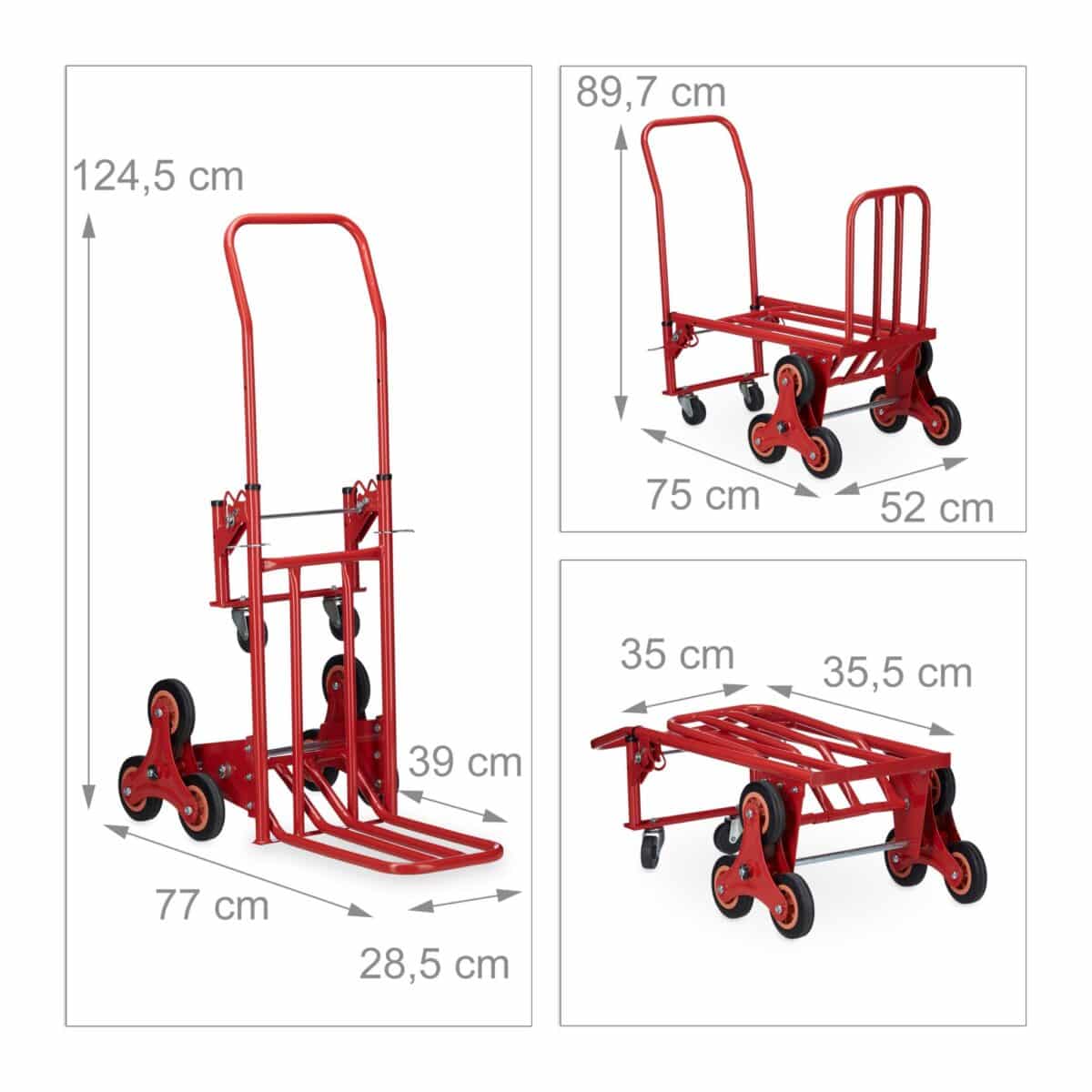 Carucior marfa pentru trepte, capacitate incarcare 150 kg, maner reglabil pe inaltime, rosu, Relaxdays - imagine 4