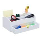 Organizator de birou, 4 compartimente si un sertar, bambus, alb, 11 x 27,5 x 15 cm