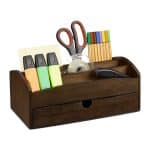 Organizator de birou, 4 compartimente si un sertar, bambus, maro inchis, 11 x 27,5 x 15 cm