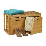 Banca cu spatiu de depozitare din bambus, ​​2 cutii de depozitare, 44,5 x 80 x 40 cm