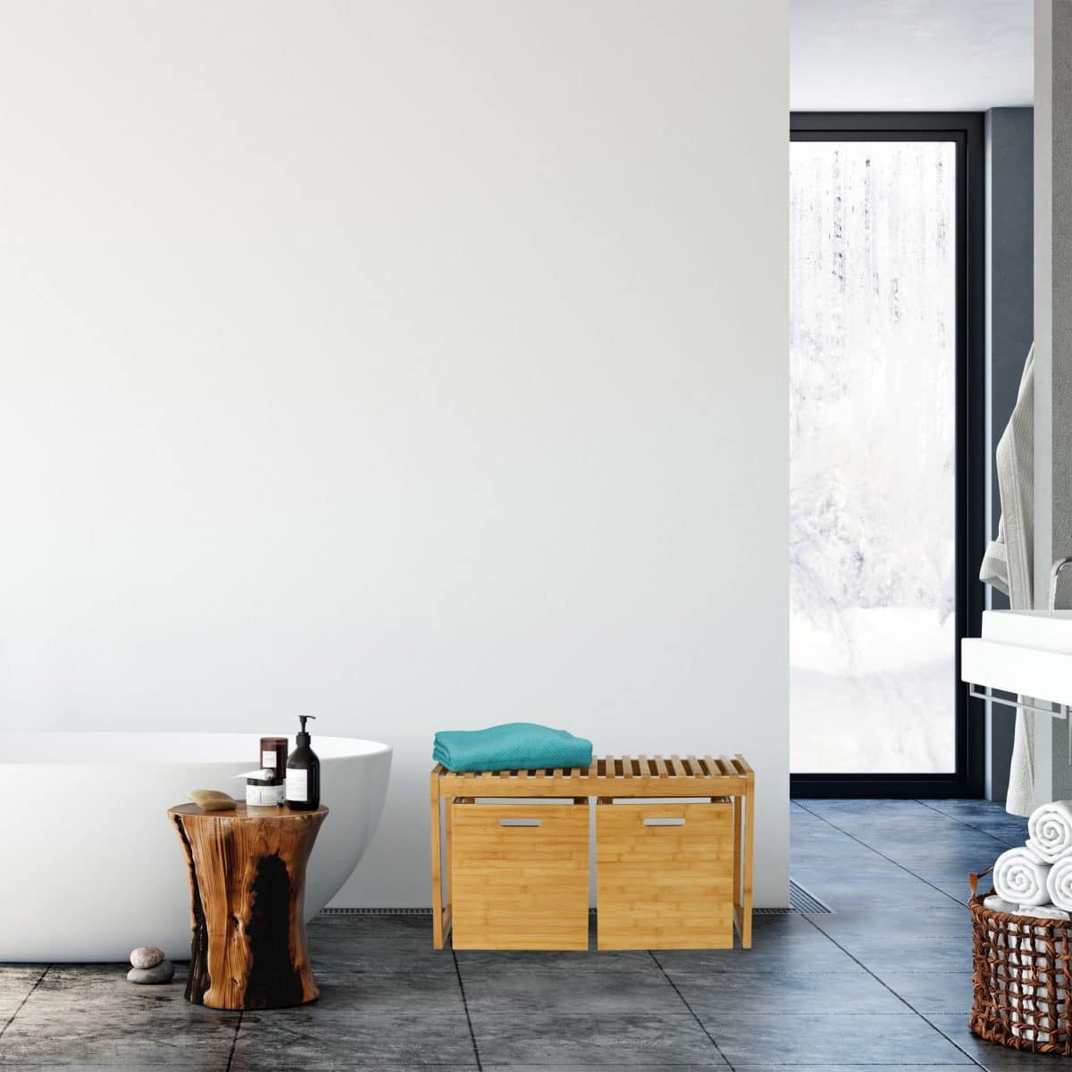 Banca cu spatiu de depozitare din bambus, ​​2 cutii de depozitare, 44,5 x 80 x 40 cm - imagine 7