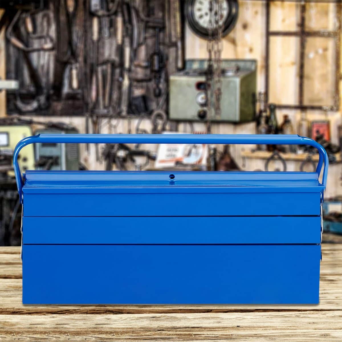 Cutie metalica albastra, maner transport, 5 compartimente, 21 x 53 x 20 cm - imagine 2