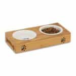 Suport din bambus cu 2 boluri din inox, pentru catei si pisici, 5,5 x 29,5 x 14 cm