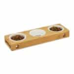 Suport din bambus cu 3 boluri din inox, pentru catei si pisici, 5,5 x 44,5 x 14 cm