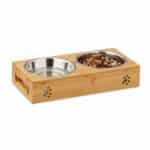 Set boluri inox, mancare caini, cu suport din bambus, 6,5 x 31,5 x 15 cm