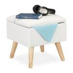 Scaun cu spatiu de depozitare, sezut textil alb, picioare din lemn, capacitate 120 kg, 40 x 40 x 40 cm