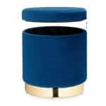 Taburet din catifea cu spatiu de depozitare, albastru/auriu, design modern, capacitate 150 kg, 41,5 x 37 cm - imagine 3