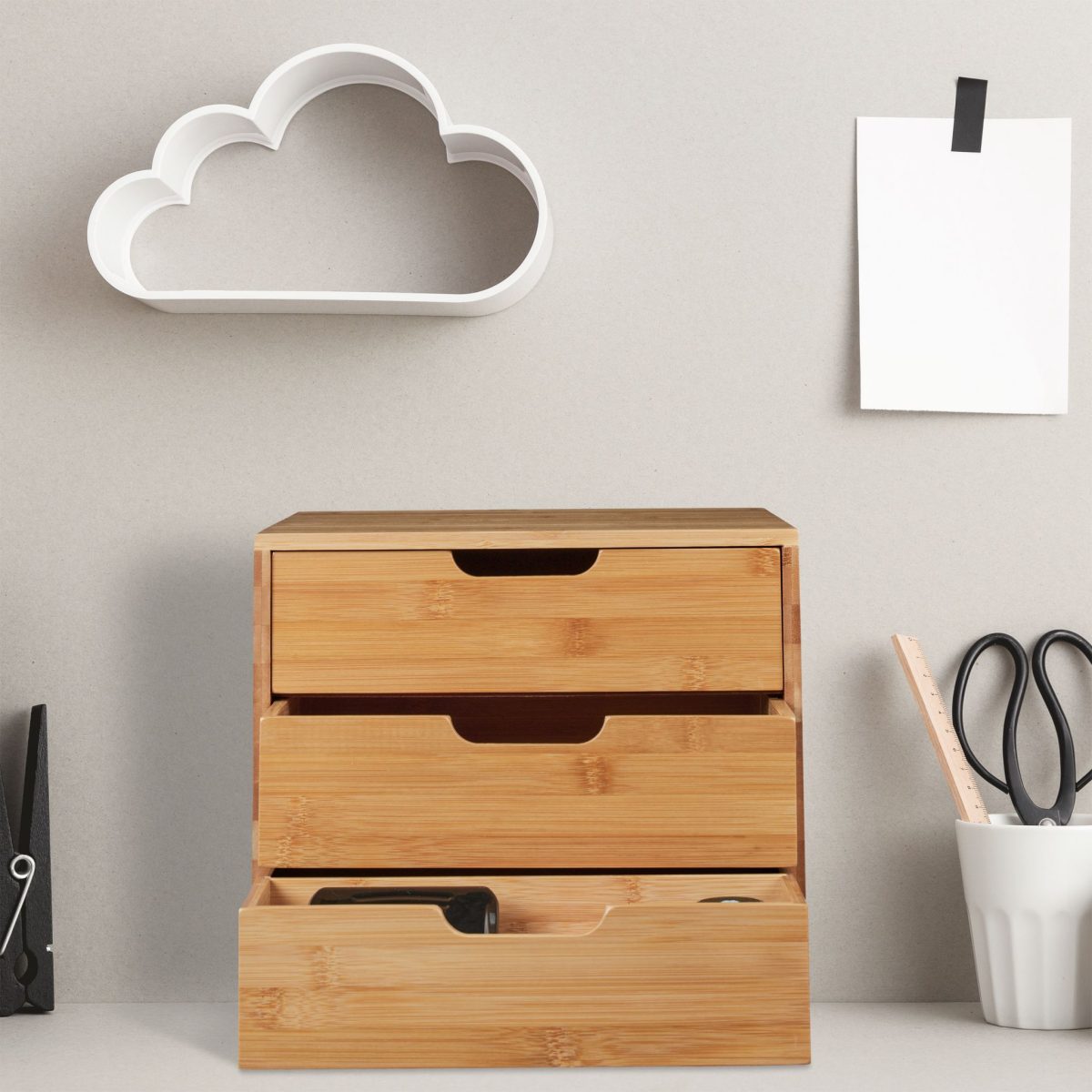 Organizator de birou, compartimentat cu 3 sertare, din bambus, 14 x 28 x 20 cm - imagine 2