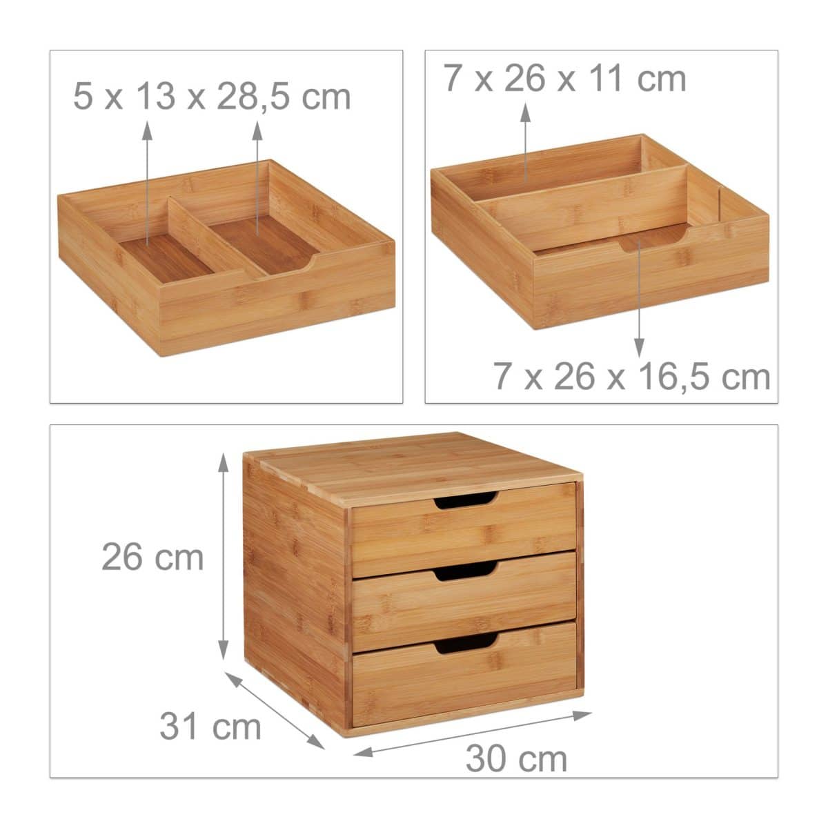 Organizator de birou, compartimentat cu 3 sertare, din bambus, 14 x 28 x 20 cm - imagine 4