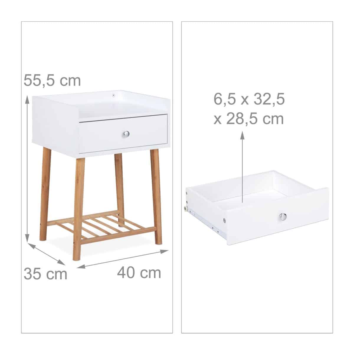 Noptiera cu sertar si raft, alb/natur, MDF/bambus, 55,5 x 40 x 35 cm - imagine 5