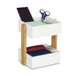 Organizator de birou/cosmetice, din bambus si MDF, 25 x 22 x 16,5 cm, alb