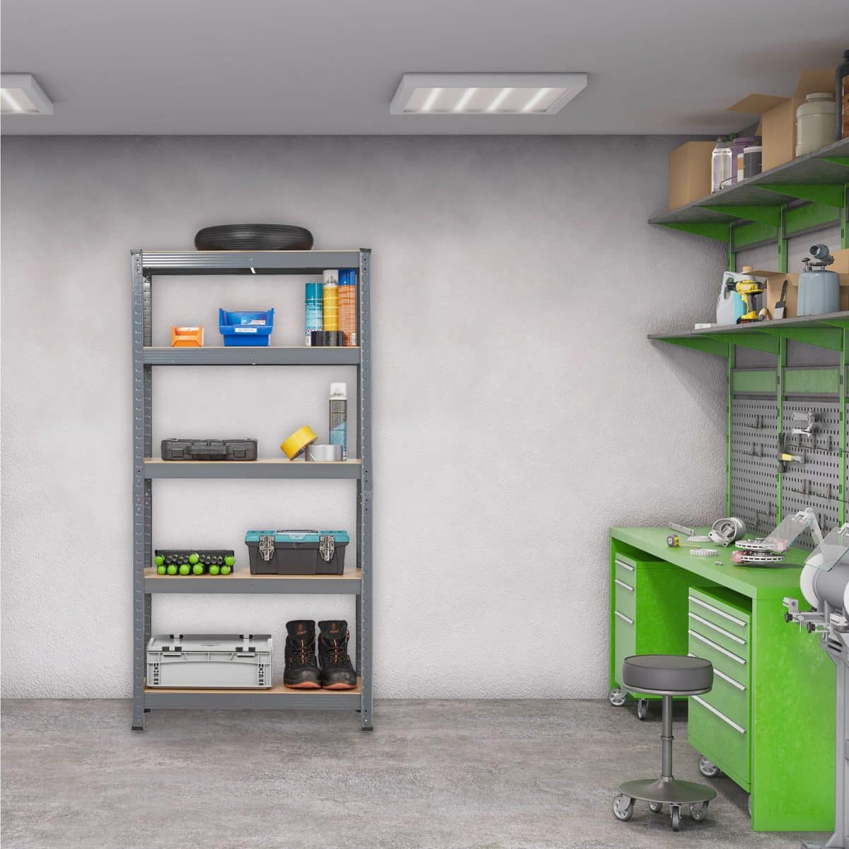 Raft industrial, cu 5 rafturi, placi MDF, cadru otel gri, 150 x 75 x 30 cm - imagine 2